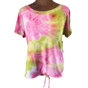 SPORTELLE Tee Shirt Women S Pink Green Tie-Dye Stretch Drawstring Hem NWT Soft